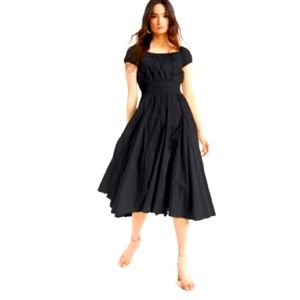 Cotton Smocked Waist Midi Black Dress